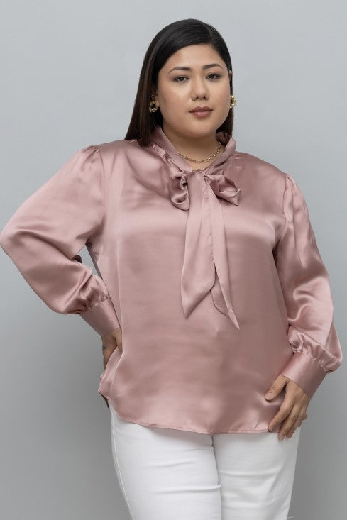 SOLID SATIN TIE NECK TOP