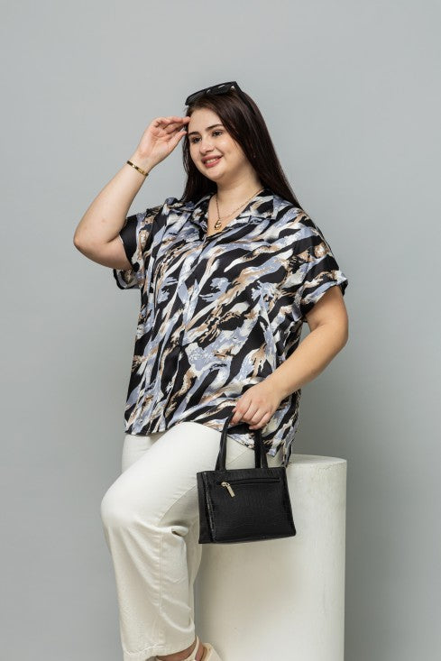 Abstract Casual Short Sleeves Satin Shirt
