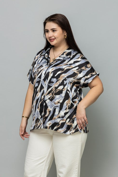 Abstract Casual Short Sleeves Satin Shirt