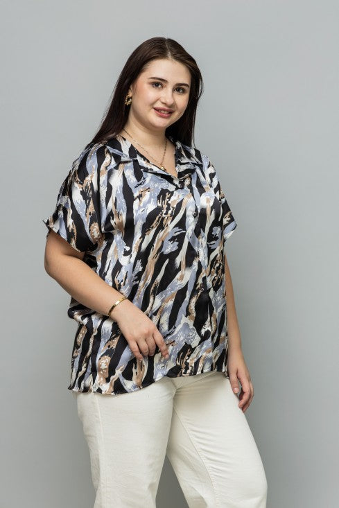 Abstract Casual Short Sleeves Satin Shirt