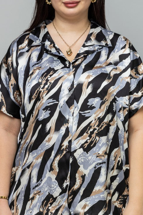 Abstract Casual Short Sleeves Satin Shirt