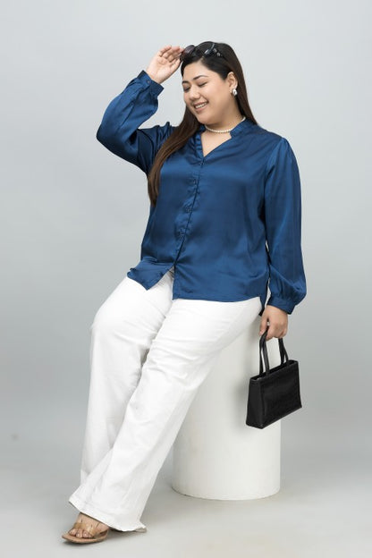 Band Collar Casual Satin Shirt