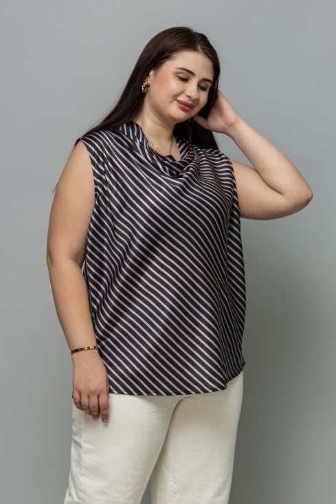 Striped Satin Cowl Neck Top