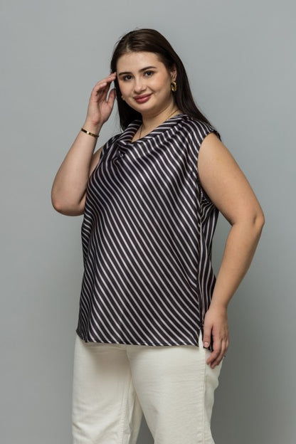 Striped Satin Cowl Neck Top