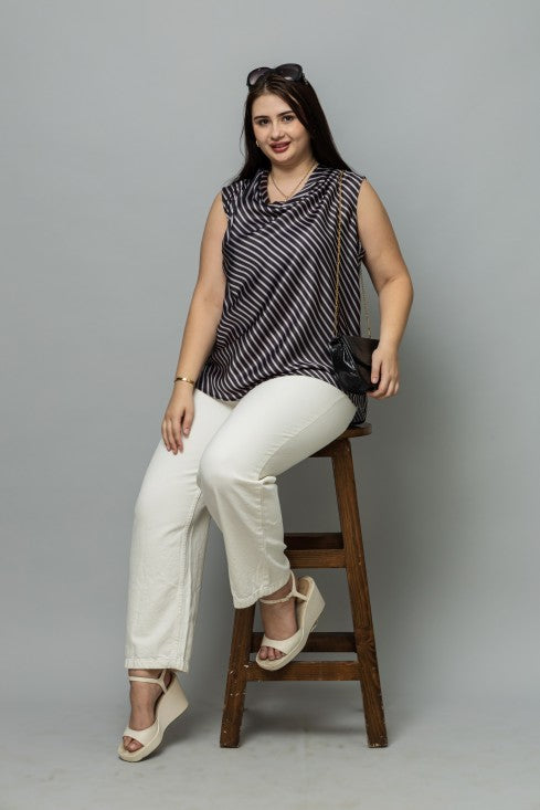 Striped Satin Cowl Neck Top