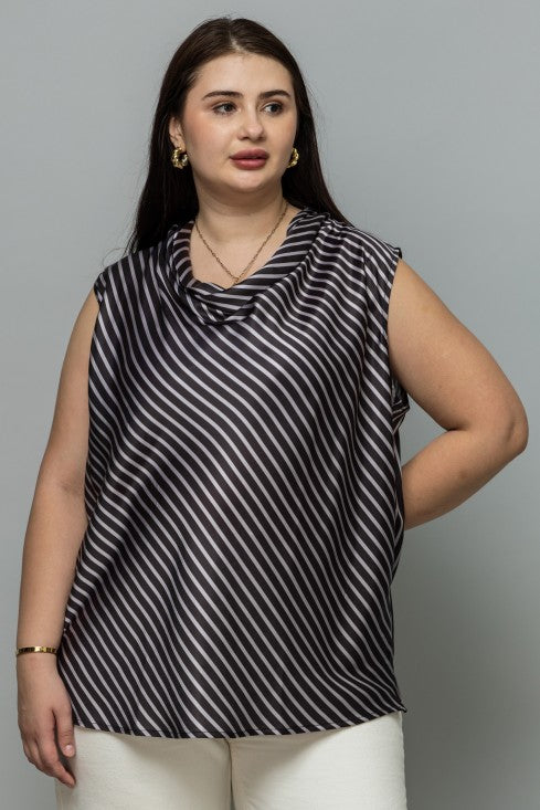 Striped Satin Cowl Neck Top