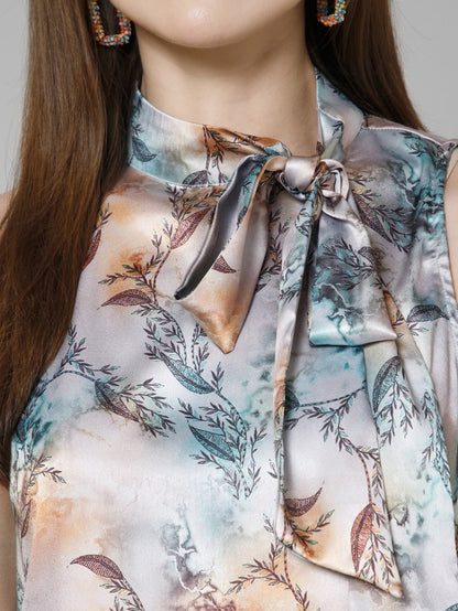 Casual Printed Neck Tie Top