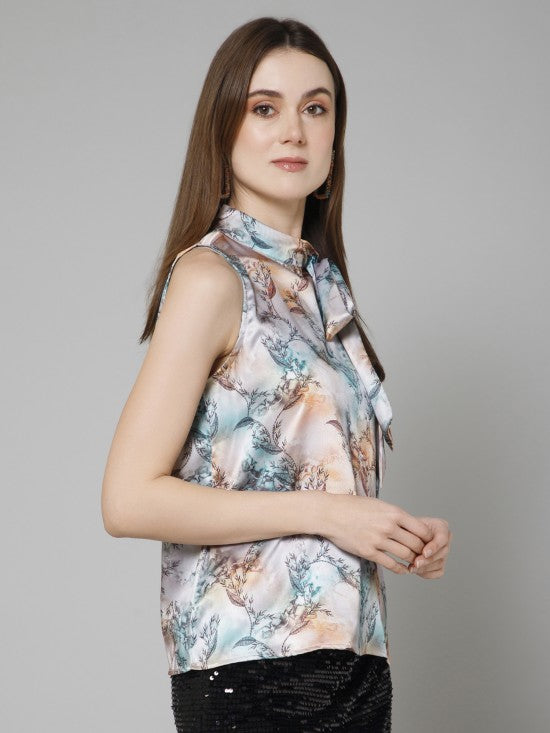 Casual Printed Neck Tie Top
