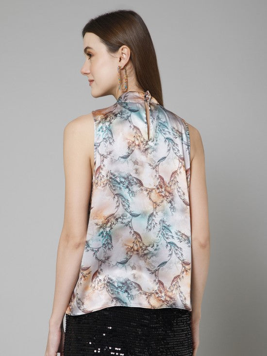 Casual Printed Neck Tie Top