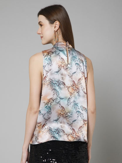 Casual Printed Neck Tie Top