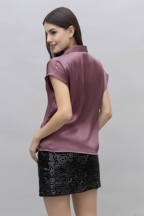 Spread Collar Extended Sleeves Standard Satin Casual Shirt