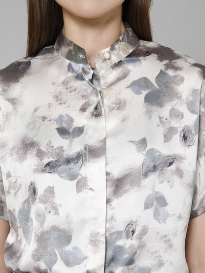 Abstract Casual Mandarin Collar Satin Shirt