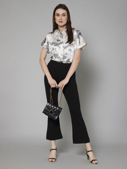 Abstract Casual Mandarin Collar Satin Shirt