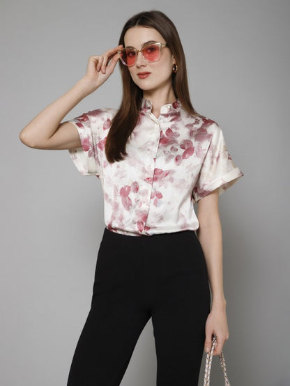 Abstract Casual Mandarin Collar Satin Shirt