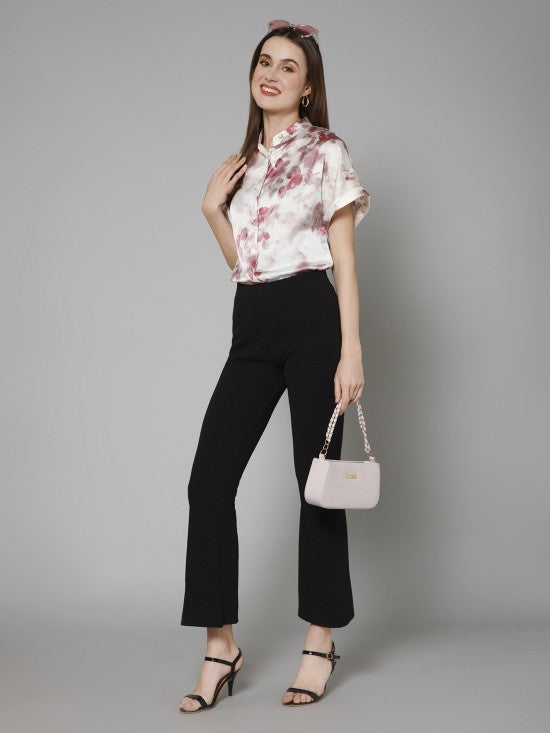 Abstract Casual Mandarin Collar Satin Shirt