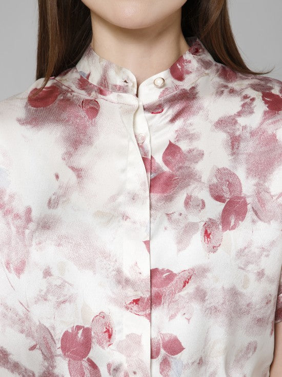 Abstract Casual Mandarin Collar Satin Shirt