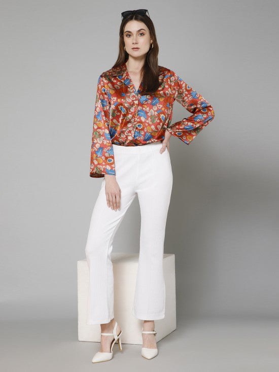 Floral Flared Sleeves Satin Shirt