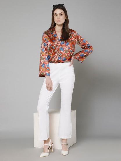 Floral Flared Sleeves Satin Shirt