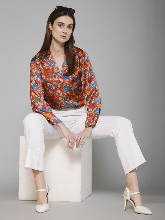 Floral Flared Sleeves Satin Shirt