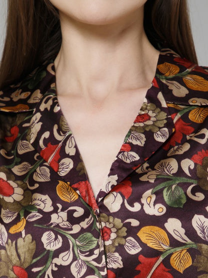 Floral Flared Sleeves Satin Shirt