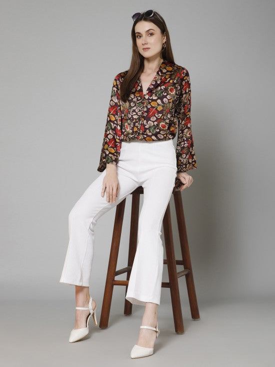Floral Flared Sleeves Satin Shirt