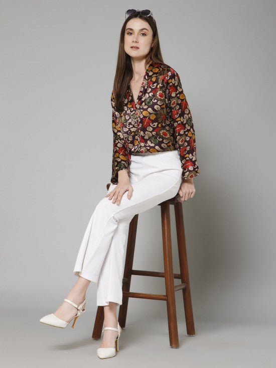 Floral Flared Sleeves Satin Shirt