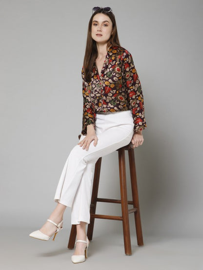 Floral Flared Sleeves Satin Shirt