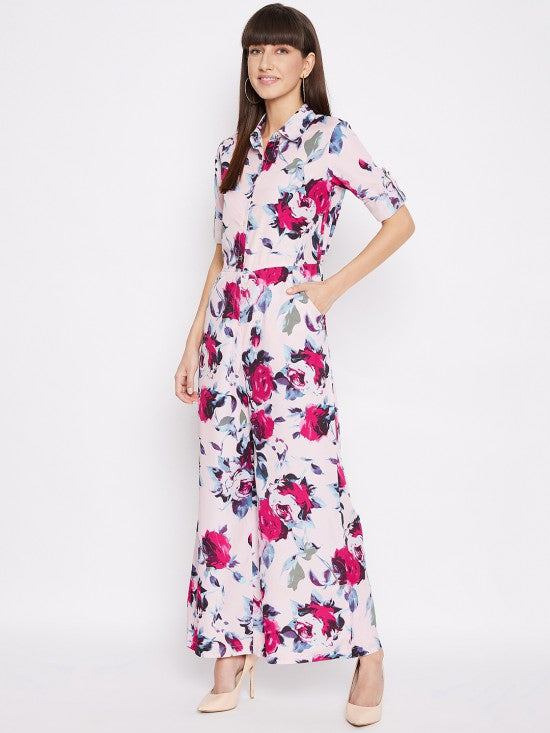 Floral printed roll up sleeves jumpsuit