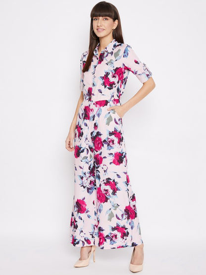 Floral printed roll up sleeves jumpsuit