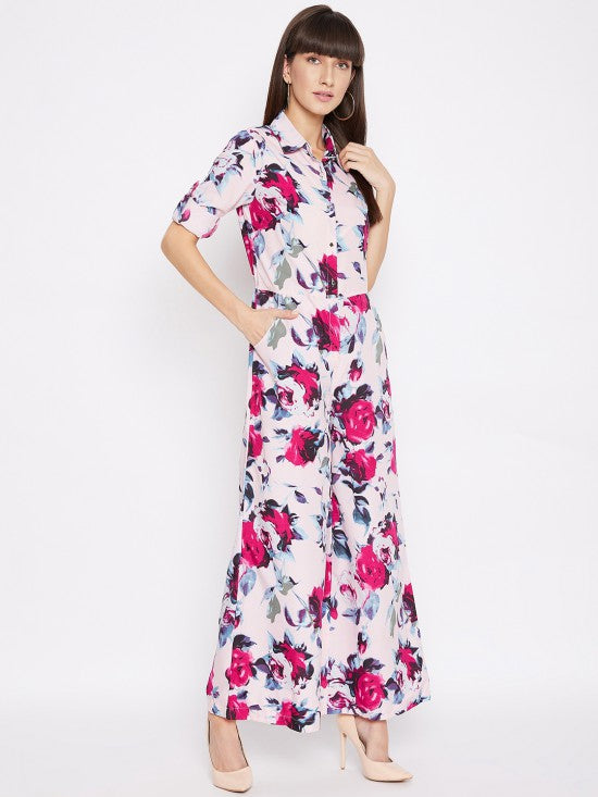 Floral printed roll up sleeves jumpsuit