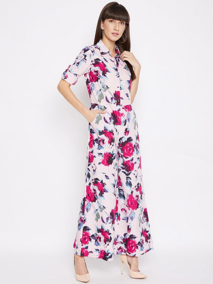 Floral printed roll up sleeves jumpsuit