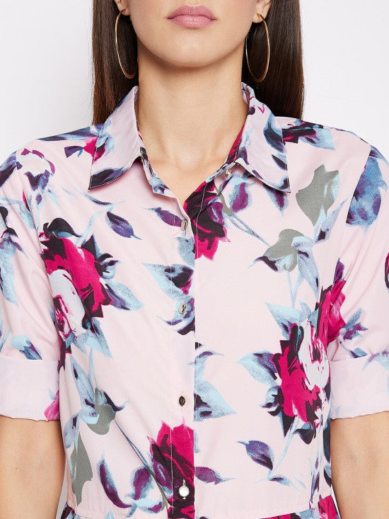 Floral printed roll up sleeves jumpsuit