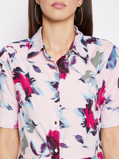 Floral printed roll up sleeves jumpsuit
