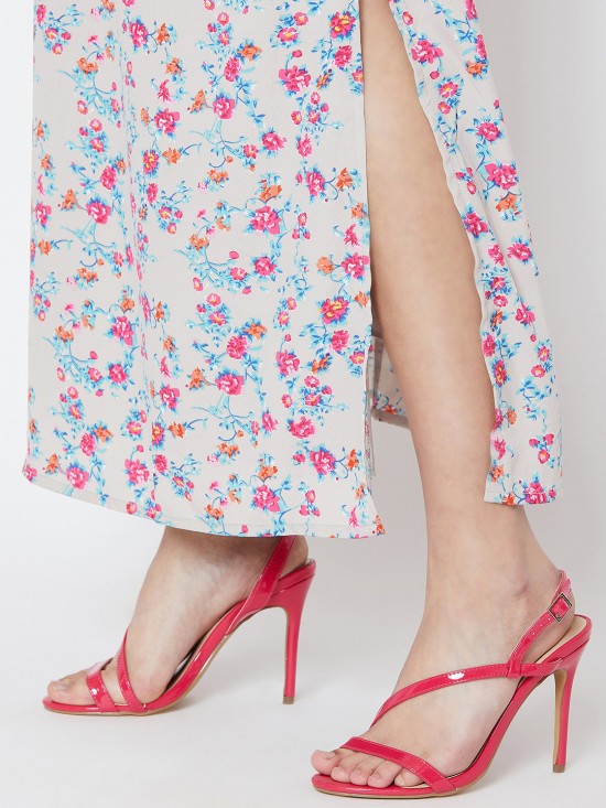 Grey Floral Printed Sleeveless Maxi Dress
