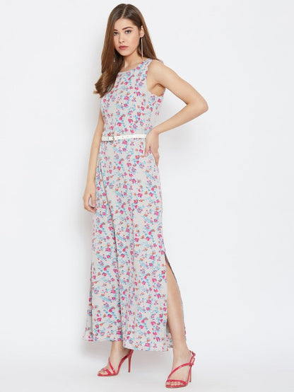 Grey Floral Printed Sleeveless Maxi Dress