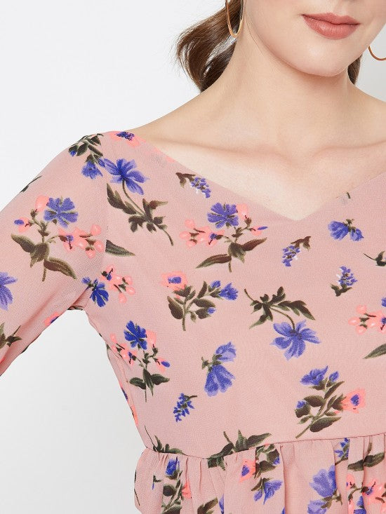 Floral Printed Peplum Top With Slit Sleeves