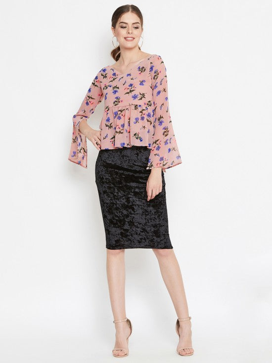 Floral Printed Peplum Top With Slit Sleeves
