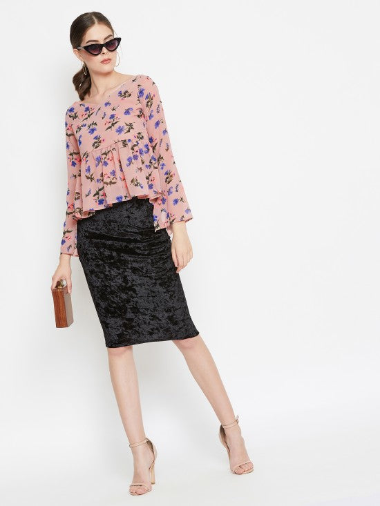Floral Printed Peplum Top With Slit Sleeves