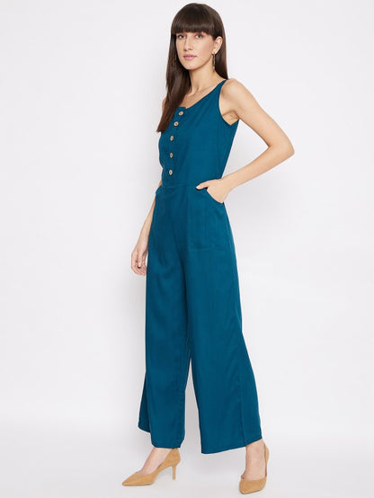 Sleeveless rayon jumpsuit with wooden buttons