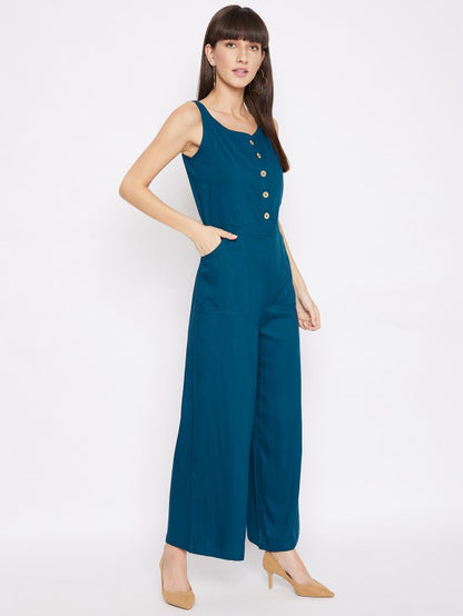 Sleeveless rayon jumpsuit with wooden buttons