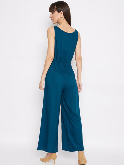 Sleeveless rayon jumpsuit with wooden buttons