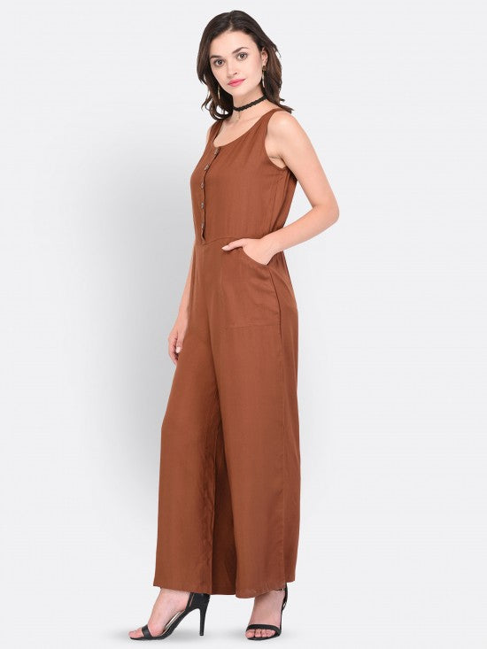 Solid Sleeveless Buttoned Placket Jumpsuit With Pockets