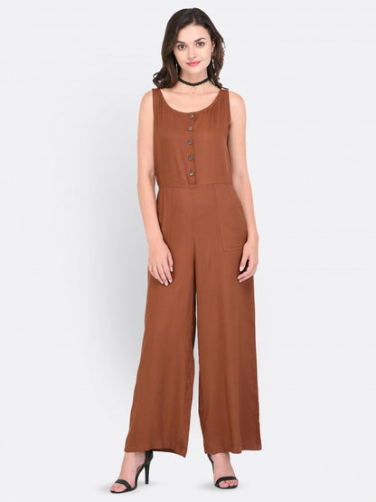 Solid Sleeveless Buttoned Placket Jumpsuit With Pockets