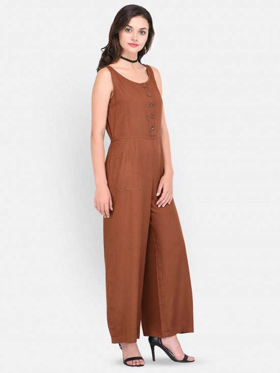 Solid Sleeveless Buttoned Placket Jumpsuit With Pockets
