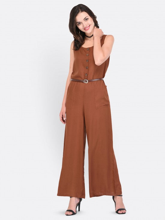 Solid Sleeveless Buttoned Placket Jumpsuit With Pockets