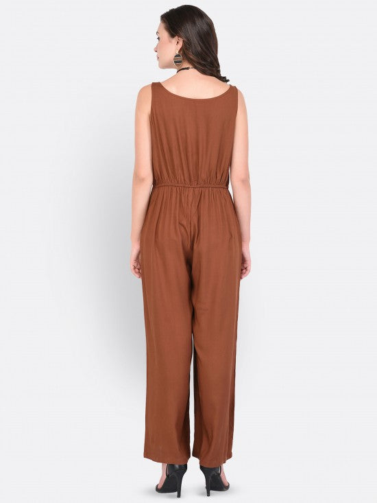 Solid Sleeveless Buttoned Placket Jumpsuit With Pockets