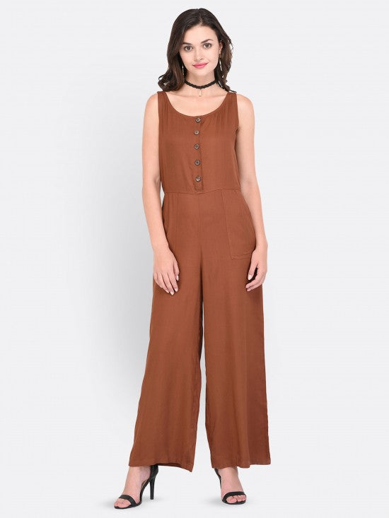 Solid Sleeveless Buttoned Placket Jumpsuit With Pockets