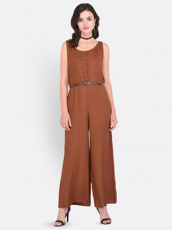 Solid Sleeveless Buttoned Placket Jumpsuit With Pockets