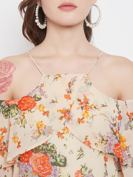 Floral Print Cold Shoulder Long Jumpsuit