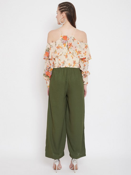 Floral Print Cold Shoulder Long Jumpsuit